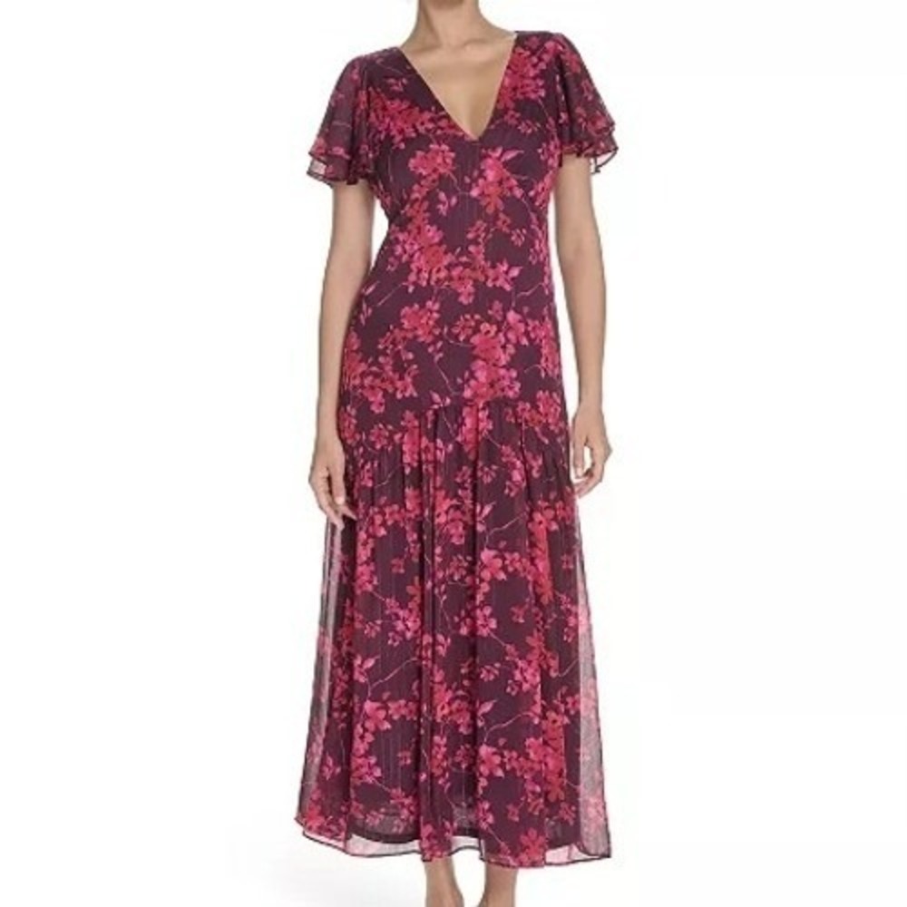 Tommy Hilfiger Flutter Sleeve V Neck Chiffon Pink Floral Dress Women Size 8 NWT